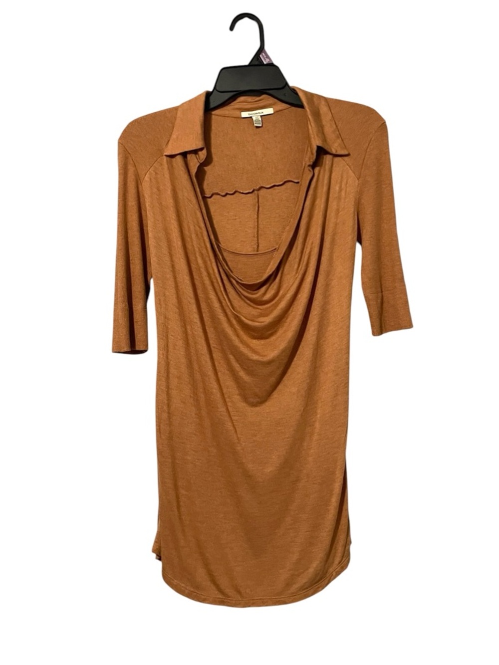 Bordeaux Ribbed Collar Drape Neck Layered Tunic Top Brown Burnt Orange Small